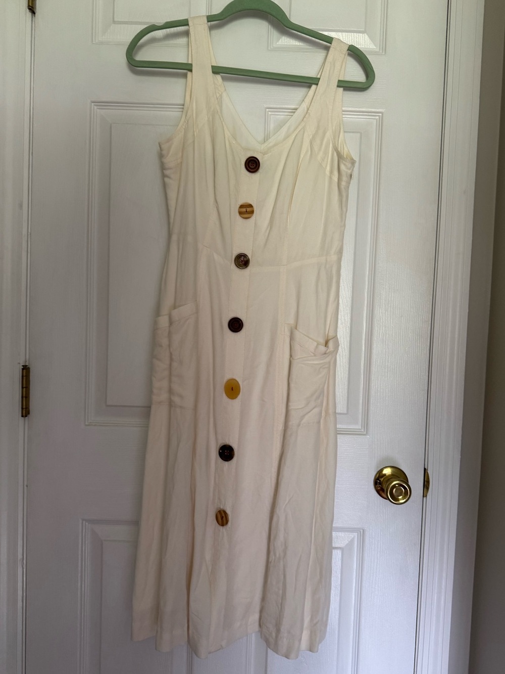 Anthropologie Cream Button-Front Midi Dress with Patch Pockets